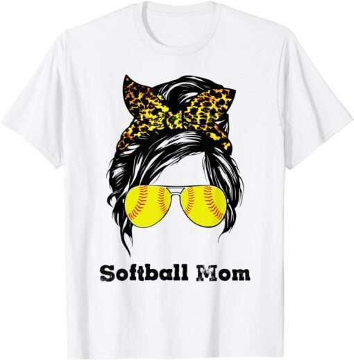 Messy Bun Softball Mom Leopard Print Bleached Distressed Tee Shirt