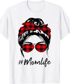 Mom Life Messy Bun Hair Leopard red plaid Happy Mother's Day Tee Shirt