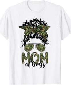 Mom Of Boys Messy Bun Camouflage Glasses Bandana Mothers Day Tee Shirt