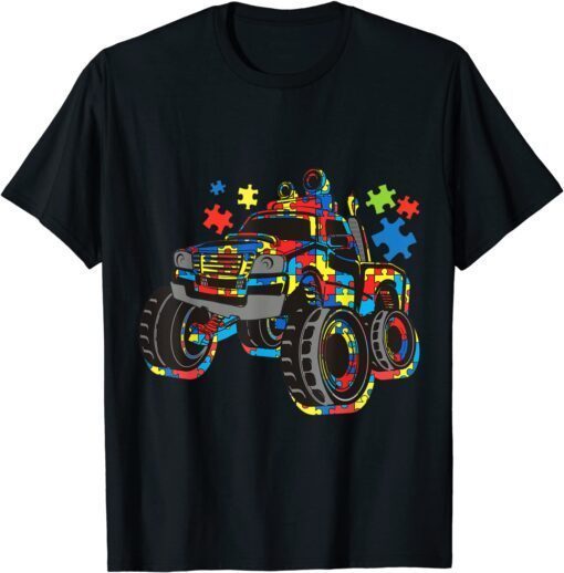 Monster Truck With Autism Puzzle Background Love Acceptance Tee Shirt