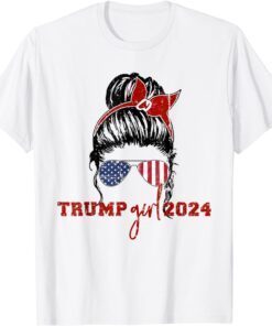 Mothers Day Trump Girl 2024 USA Flag Shades Messy Bun Tee Shirt