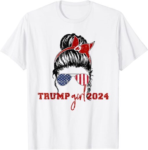 Mothers Day Trump Girl 2024 USA Flag Shades Messy Bun Tee Shirt