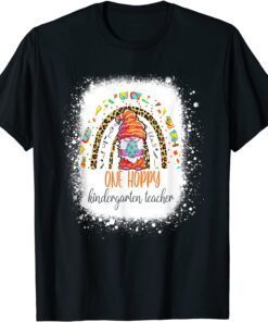 One Hoppy Kindergarten Teacher Leopard Rainbow Gnome Easter Tee Shirt