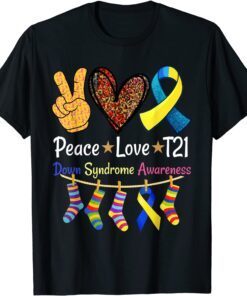 Peace Love Cure Blue World Down Syndrome Awareness Tee Shirt