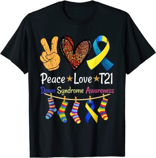 Peace Love Cure Blue World Down Syndrome Awareness Tee Shirt