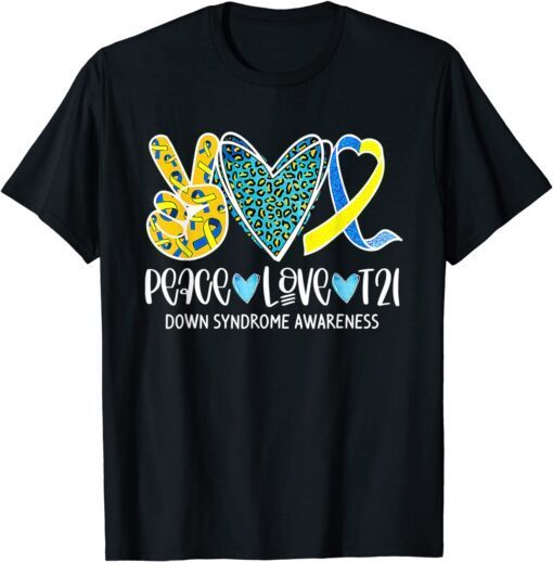 Peace Love Cure Blue & Yellow Ribbon Down Syndrome Awareness Tee Shirt