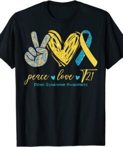 Peace Love T21 Blue Yellow Ribbon Down Syndrome Awareness Tee Shirt