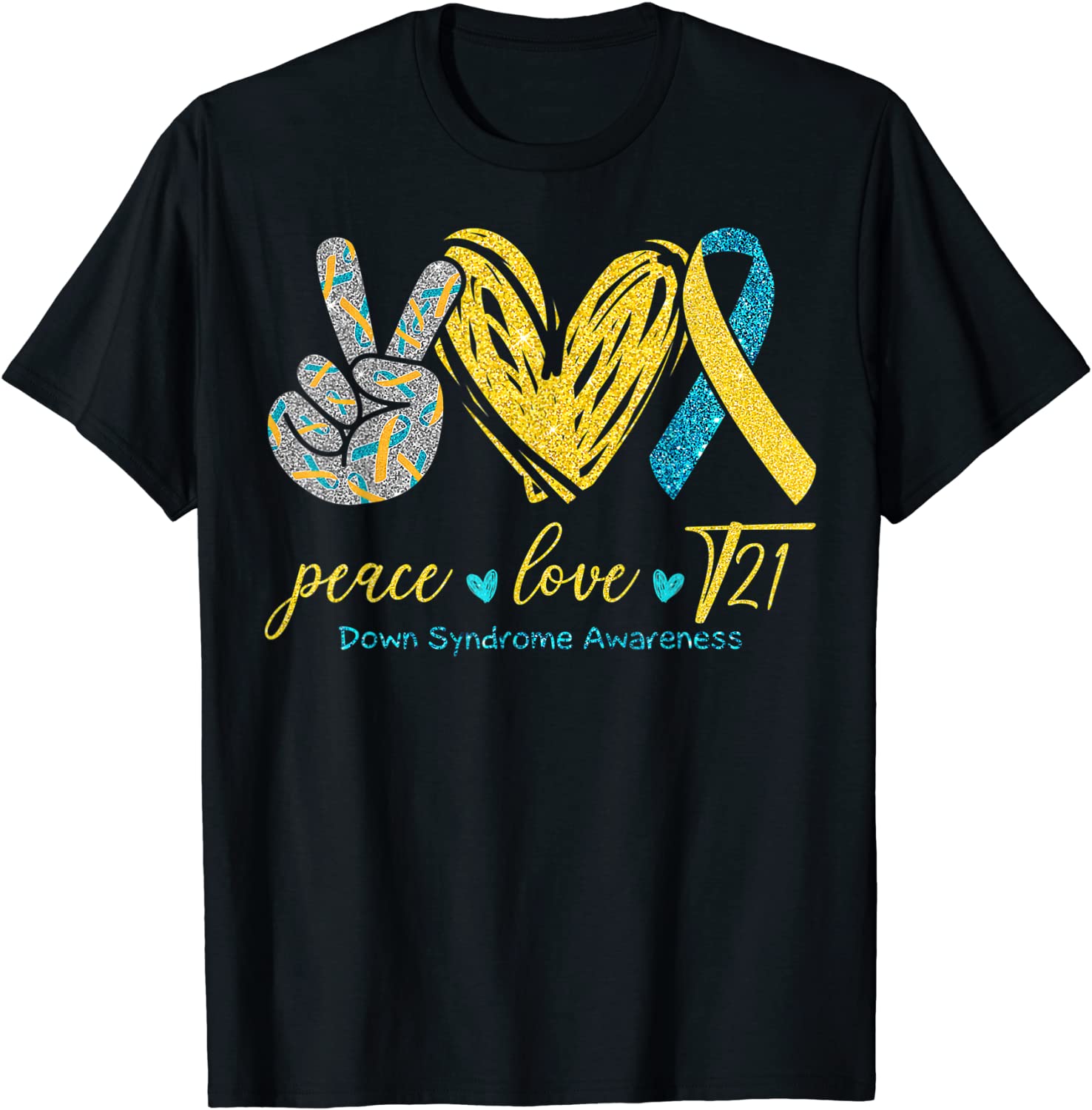 Peace Love T21 Blue Yellow Ribbon Down Syndrome Awareness Tee Shirt Peace Love T21 Blue Yellow Ribbon Down Syndrome Awareness Tee Shirt