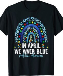 Rainbow Leopard Puzzle We Wear Blue For Autism Awareness Tee Shirt