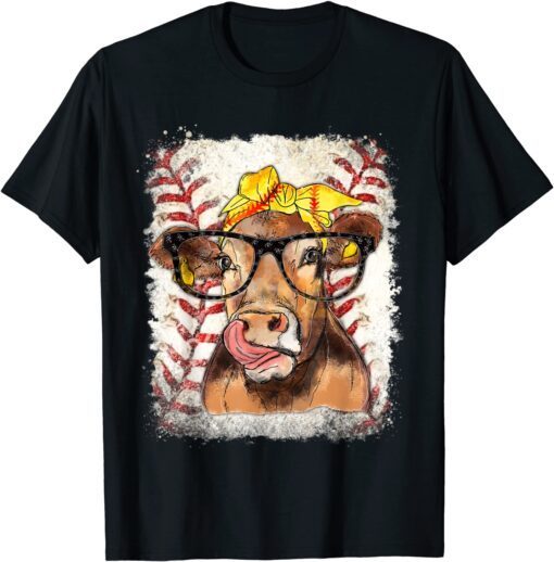 Softball Highland Cow Softball Lover Bleached Tee Shirt