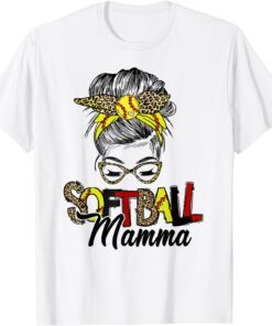 Softball Mamma Life With Leopard Messy Bun Mother's Day Tee Shirt