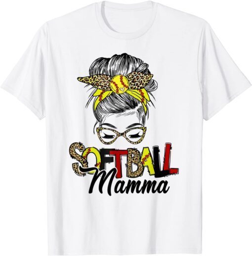 Softball Mamma Life With Leopard Messy Bun Mother's Day Tee Shirt