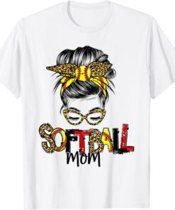 Softball Mom Life With Leopard And Messy Bun Mother's Day Tee Shirt