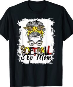 Softball Step Mom Life With Leopard Messy Bun Mother's Day T-Shirt