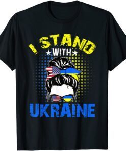 Support I Stand With Ukraine American Messy Bun Flag Love Ukraine T-Shirt