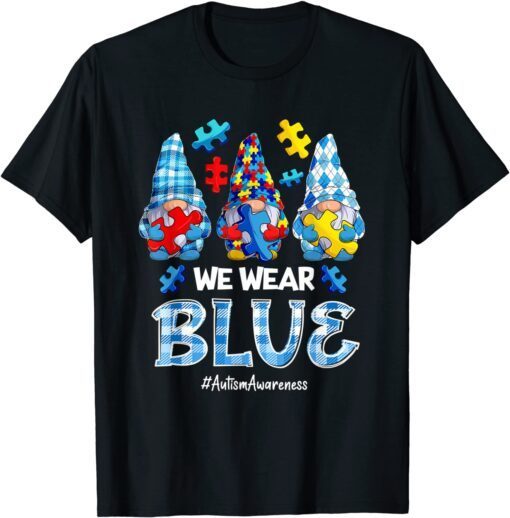 Three Gnomes Holding Blue Puzzle Gnome Autism Awareness T-Shirt