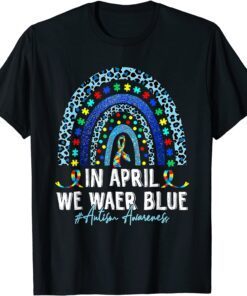 We Wear Blue For Autism Awareness Rainbow Leopard Puzzle Tee Shirt