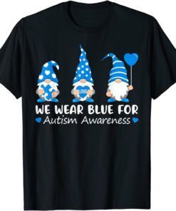 Autism Awareness Gnome In April We Wear Blue Ribbon Puzzle Tee Shirt