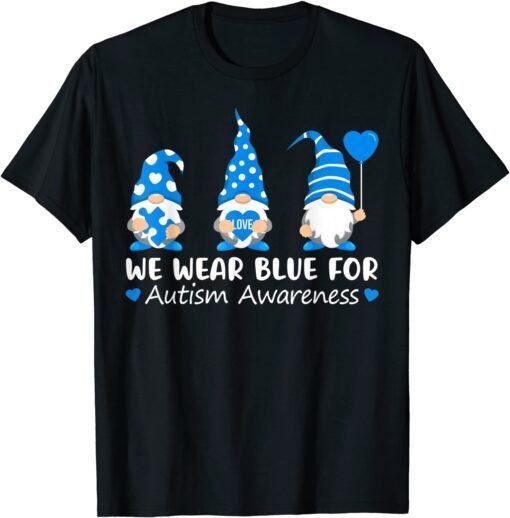 Autism Awareness Gnome In April We Wear Blue Ribbon Puzzle Tee Shirt