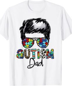 Autism Awareness Puzzle Glasses Autism Dad Messy Bun Hair Tee Shirt