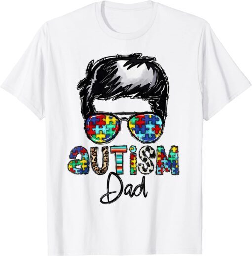 Autism Awareness Puzzle Glasses Autism Dad Messy Bun Hair Tee Shirt