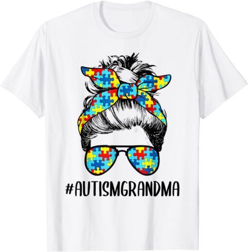 Autism Grandma Life Messy Bun Glasses Bandana Mother’s Day Tee Shirt