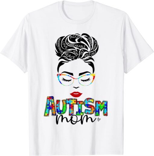 Autism Mom Child Messy Bun Awareness April And Mothers Day Tee Shirt