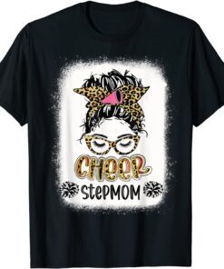 Bleached Cheer Stepmom Leopard Print Messy Bun Cheerleader Tee Shirt