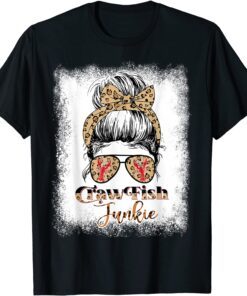 Bleached Crawfish Junkie Leopard Messy Bun With Sunglasses Tee Shirt