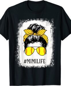 Bleached Mimi Life Softball Baseball Messy Bun Mothers Day Tee Shirt