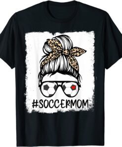 Bleached Soccer Mom Life Leopard Bow Messy Bun Game Day Tee Shirt