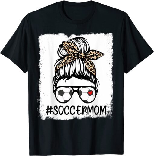 Bleached Soccer Mom Life Leopard Bow Messy Bun Game Day Tee Shirt