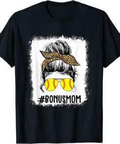 Bleached Softball Bonus Mom Life Leopard Messy Bun Game Day Tee Shirt