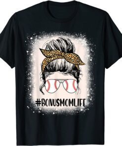 Bleached T-ball Bonus Mom Life Messy Bun Leopard Softball Tee Shirt