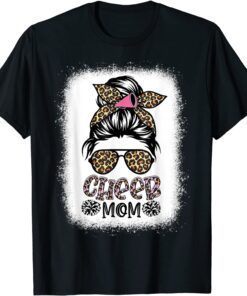 Cheer Mom Leopard Messy Bun Cheerleader Mothers Day Tee Shirt