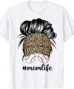 Mom Life Leopard Baseball Cap Messy Bun Hair Mother's Day Tee Shirt