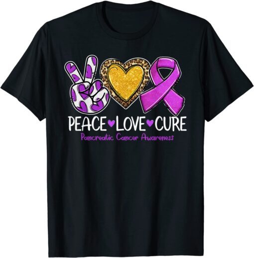 Pancreatic Cancer Awareness Peace Love Cure Purple Ribbon Tee Shirt