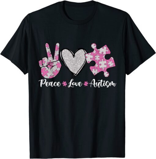 Peace Love Autism Autism Awareness Month Puzzle Heart Love Tee Shirt