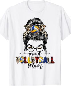 Proud Volleyball Mom Leopard Plaid Messy Bun Mothers Day Tee Shirt