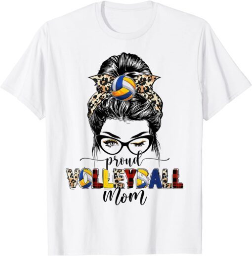 Proud Volleyball Mom Leopard Plaid Messy Bun Mothers Day Tee Shirt