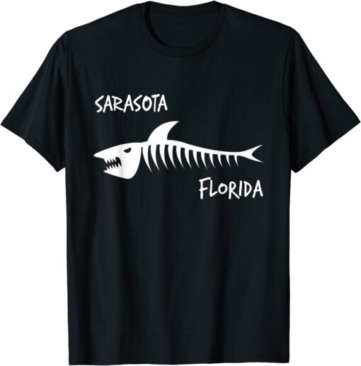 Sarasota Florida FL Shark Skeleton White Print Tee Shirt