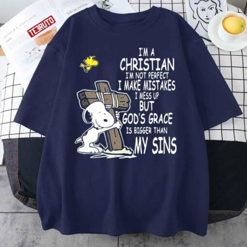 Snoopy I’m A Christian Not Perfect Makes Mistakes Mess Up But God’s Grace Is Bigger Than My Sins Tee Shirt