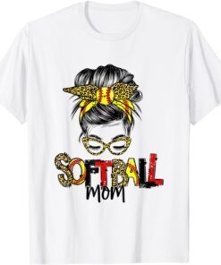 Softball Mom Leopard Messy Bun Mom Mother's Day Tee Shirt