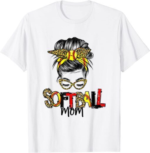 Softball Mom Leopard Messy Bun Mom Mother's Day Tee Shirt