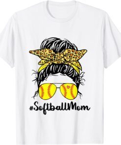 Softball Mom Life Leopard Messy Bun Game Day Tee Shirt