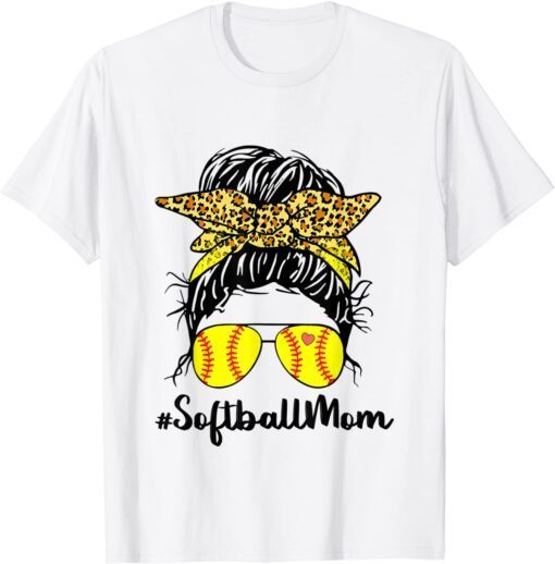 Softball Mom Life Leopard Messy Bun Game Day Tee Shirt