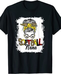 Softball Nana Life With Leopard Messy Bun Mother's Day Tee Shirt