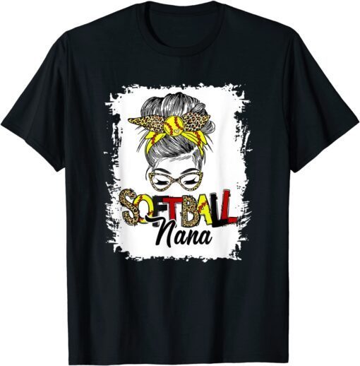 Softball Nana Life With Leopard Messy Bun Mother's Day Tee Shirt