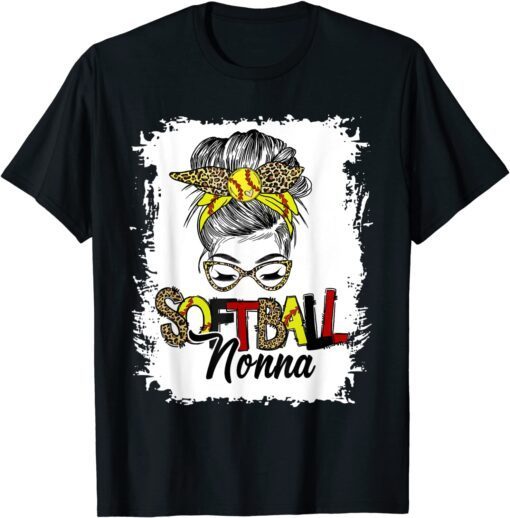 Softball Nonna Life With Leopard Messy Bun Mother's Day T-Shirt