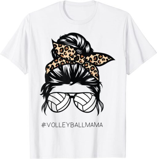 Volleyball Mom Leopard Ball messy hair bun Mother's Day T-Shirt